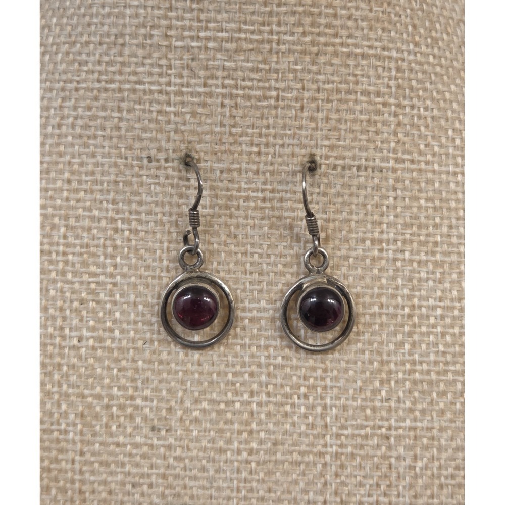 Vintage Sterling Silver & Garnet Circle Dangle Earrings 925